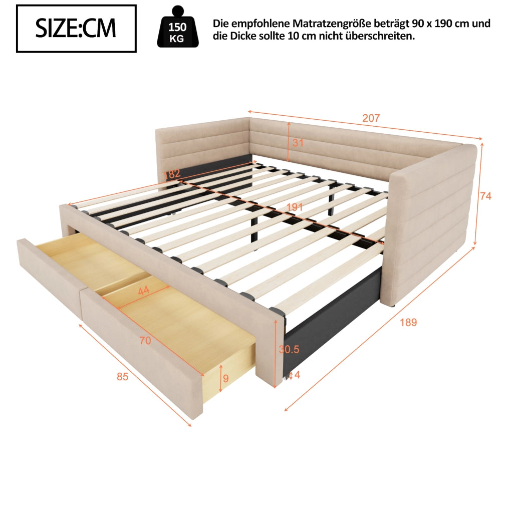 Letto imbottito multifunzionale 3 in 1 90x190 cm con 2 cassetti; beige
