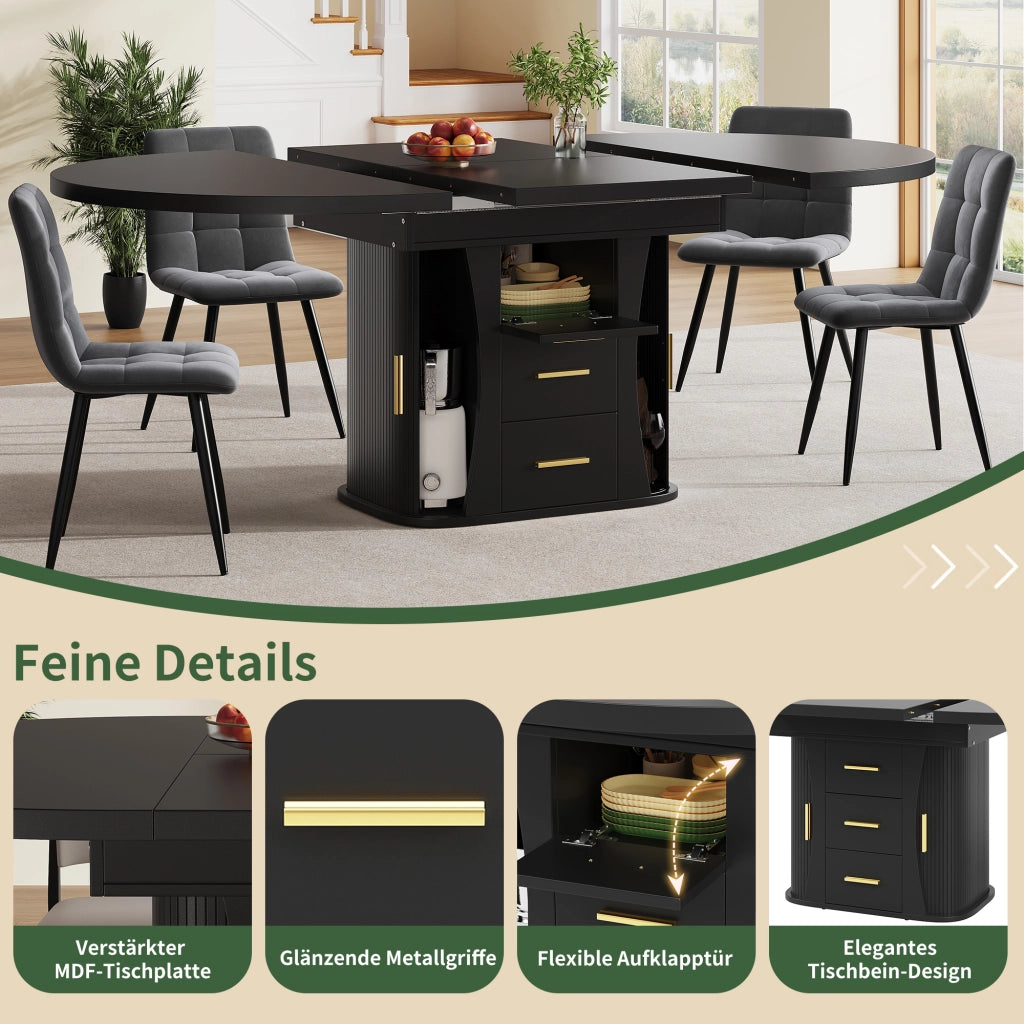 Tavolo da pranzo - rotondo estraibile - da 118 a 158 cm - 3 livelli stoccaggio - fino a 6 persone - nero