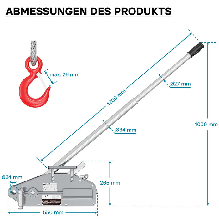 Paranco a fune max 1600kg fune 20m Ø11mm per sollevamento spostamento carichi
