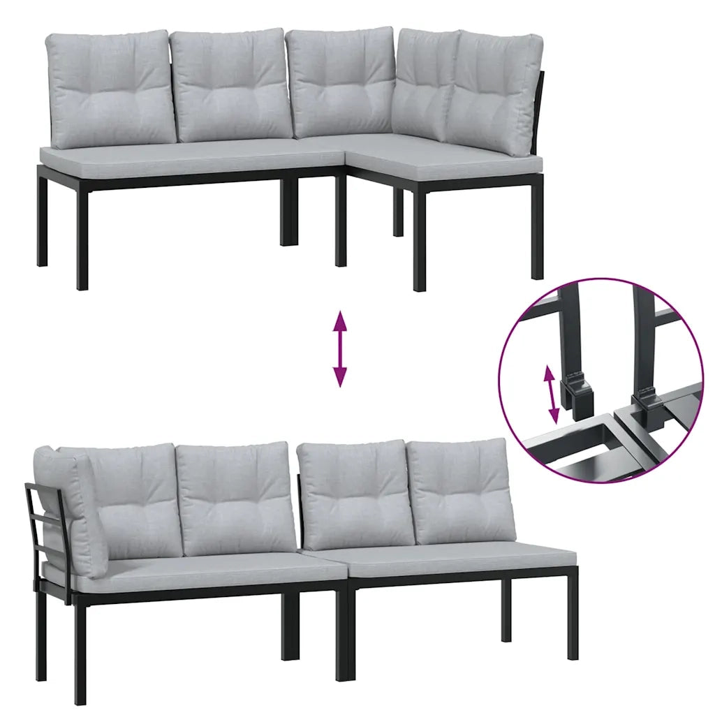 Set Panche Giardino Cuscini 4pz Nero Acciaio Verniciato Polvere