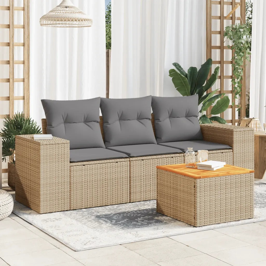 Set Divano da Giardino 4 pz | Set Salotto da Giardino con Cuscini Beige in Polyrattan