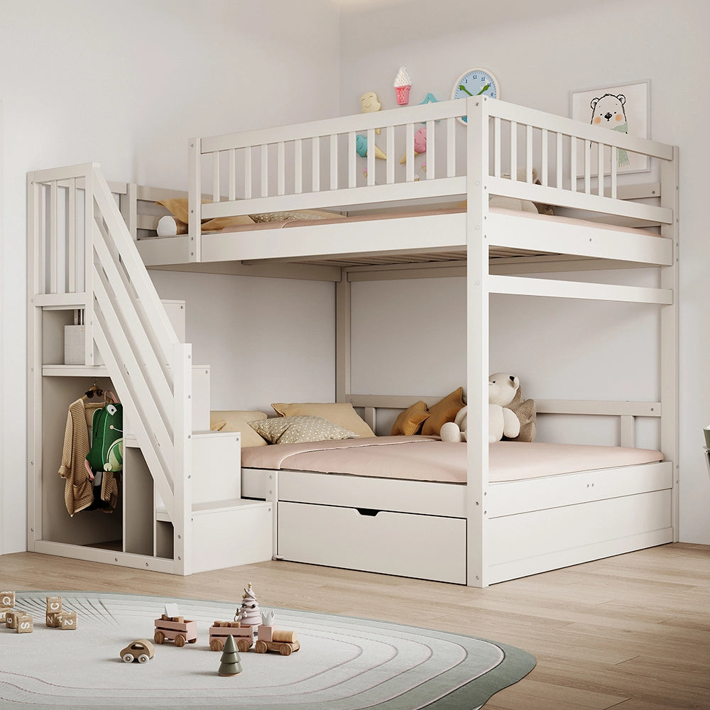 Letto a castello massiccio 140x200cm - Xylo - bianco, scala con ripiani, cassetti, EN747