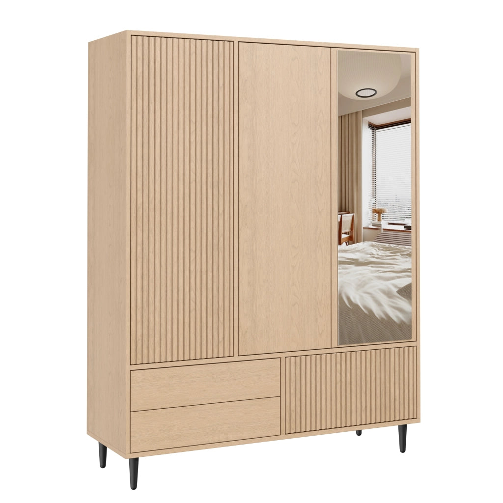 Armadio guardaroba 3 ante con specchio; 3 cassetti e appendiabiti 135x45x200 cm
