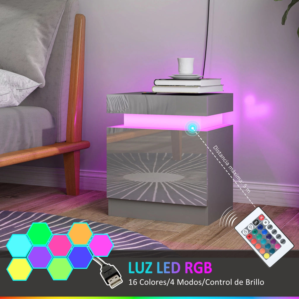 Comodino con LED e APP ¨C Xylo ¨C 2 cassetti grigio 45x35x52 cm