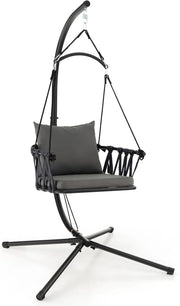Sedia Sospesa Pieghevole con Supporto, Poltrona Sospesa Corda con Cuscini per Seduta e Schienale, Telaio in Metallo, Sedia Amaca per Interno, Esterno, Balcone e Giardino, Portata 150 kg