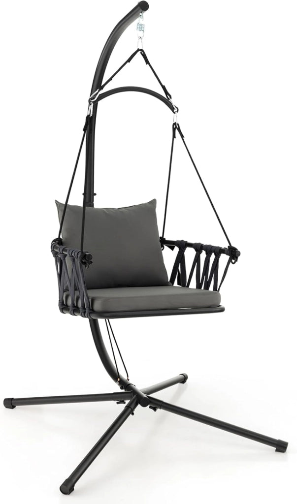 Sedia Sospesa Pieghevole con Supporto, Poltrona Sospesa Corda con Cuscini per Seduta e Schienale, Telaio in Metallo, Sedia Amaca per Interno, Esterno, Balcone e Giardino, Portata 150 kg