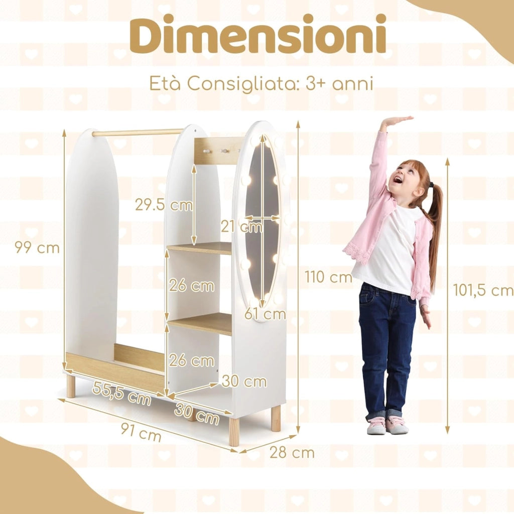 Guardaroba per Bambini, Armadio Gioco con Specchio e Luci, Guardaroba Aperto con Ripiani e Ganci, Organizer per Stanza e Camera da Letto, 91x28x110 cm