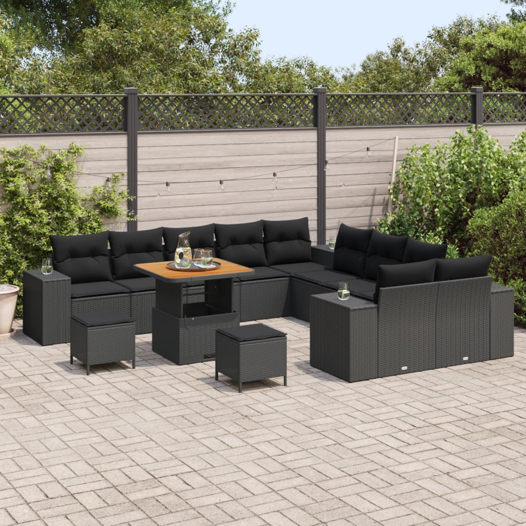 Set di divani da giardino da 13 pezzi con cuscini Nero Polyrattan Acacia