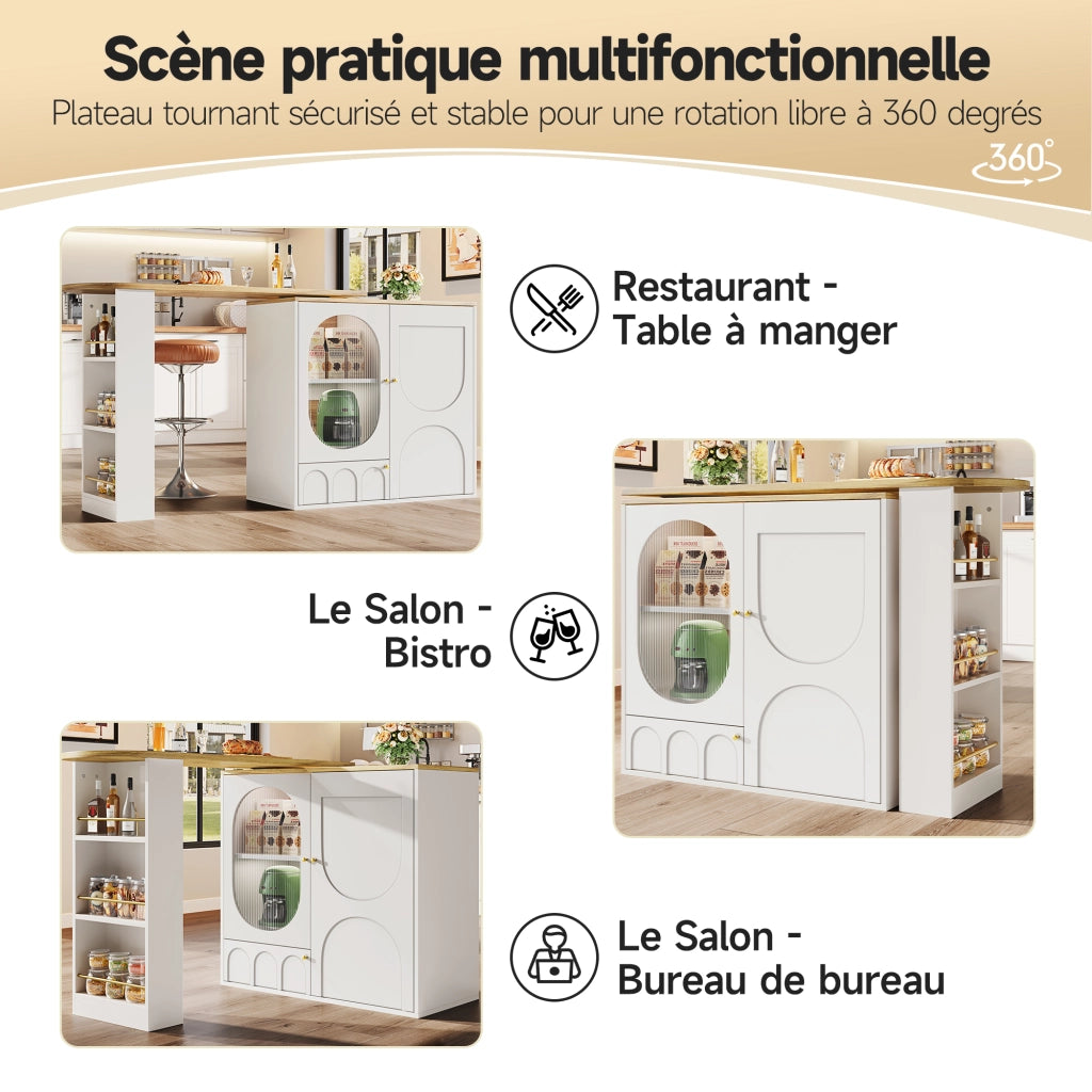 Carrello da cucina con 3 ante e piano girevole a 360°; portasalviette e portaspezie; 138x39x105 cm