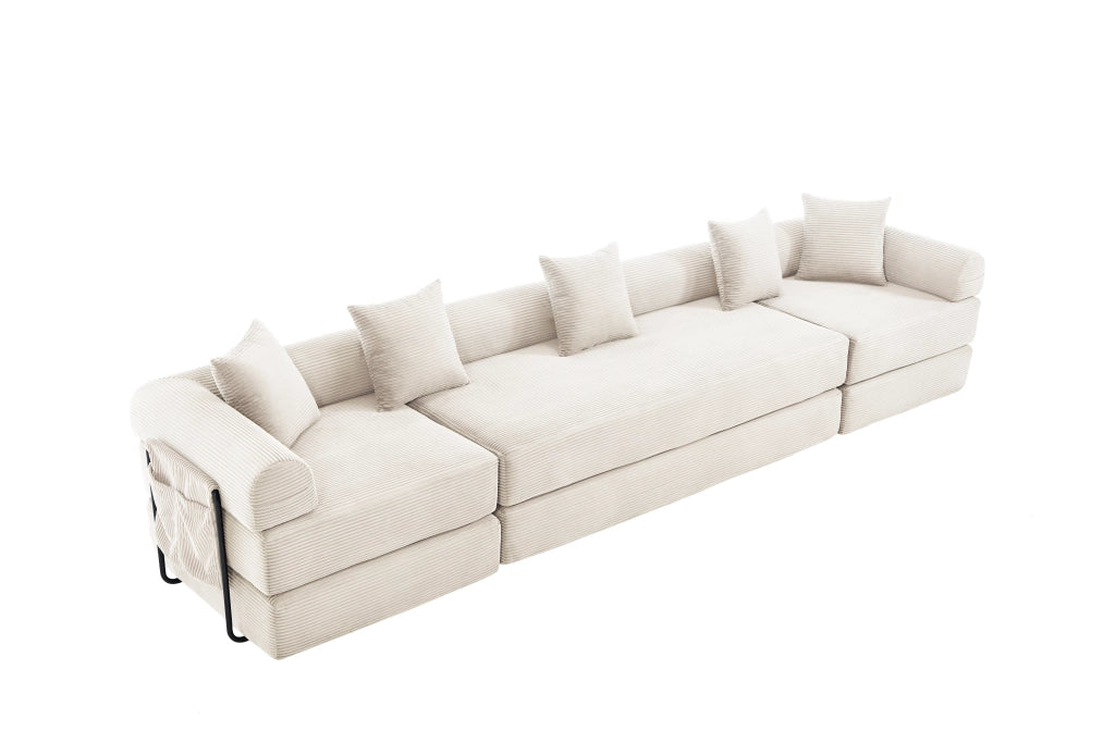 Divano modulare in velluto a coste con tasca laterale e funzione letto per soggiorno beige