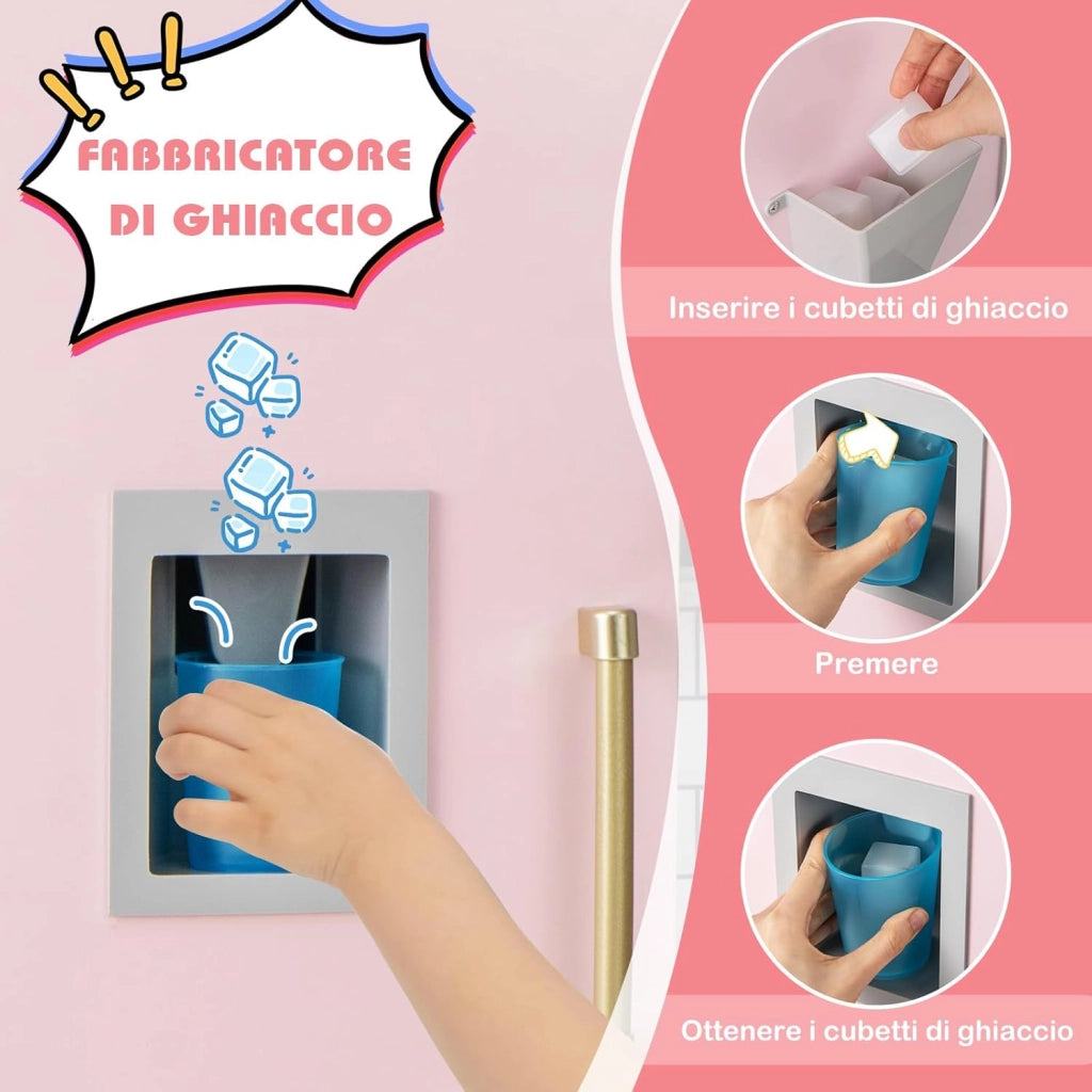 Cucina Giocattolo con Cappa e Fornelli a Suoni e Luci, Cucina per Bambini in Legno con Fabbricatore di Ghiaccio, Microonde, Griglia BBQ e Lavagna, Set Cucina con Accessori, per Bambini 3+ Anni