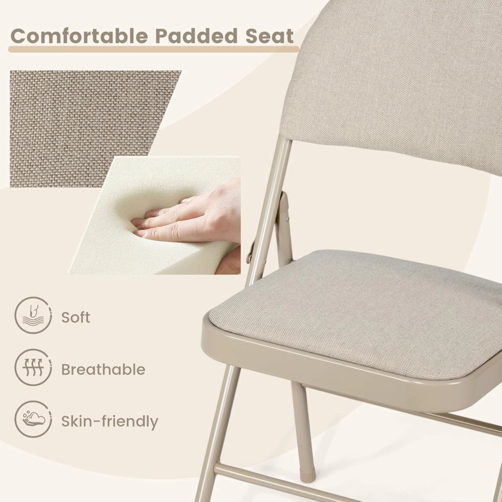 Set di 4 sedie pieghevoli in tessuto, sedie pieghevoli con sedile e schienale imbottito, sedie da pranzo con poggiapiedi telaio in metallo, 50 x 47 x 88,5 cm (Beige)