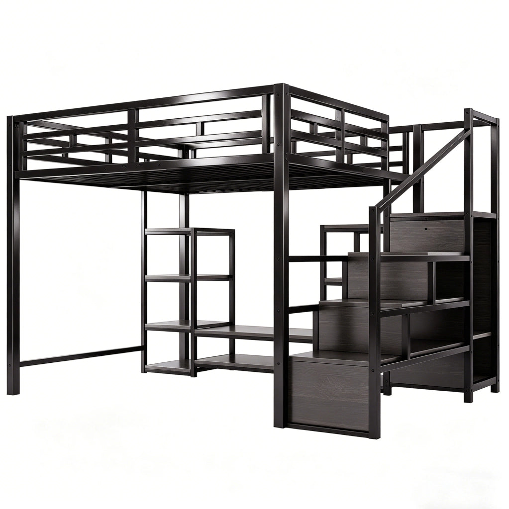 Letto a soppalco 140x200 cm con supporto TV e presa; metallo e MDF nero