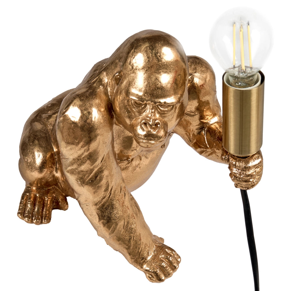 Lampada da tavolo Luce da comodino in poliresina dorata Lampada da lettura a forma di gorilla Lampada a tema animale Soggiorno Camera da letto Stile Glam