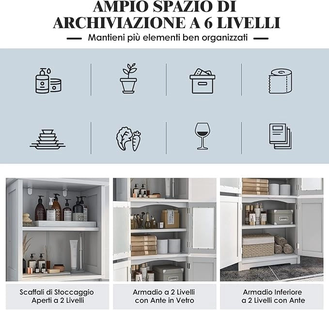 Armadio da Bagno, Mobiletto Alto da Terra con 2 Armadietti e Ripiani Regolabili, con Ante in Vetro, Mobile Portaoggetti Multiusi per Bagno Soggiorno, 60x30x163 cm (Bianco)