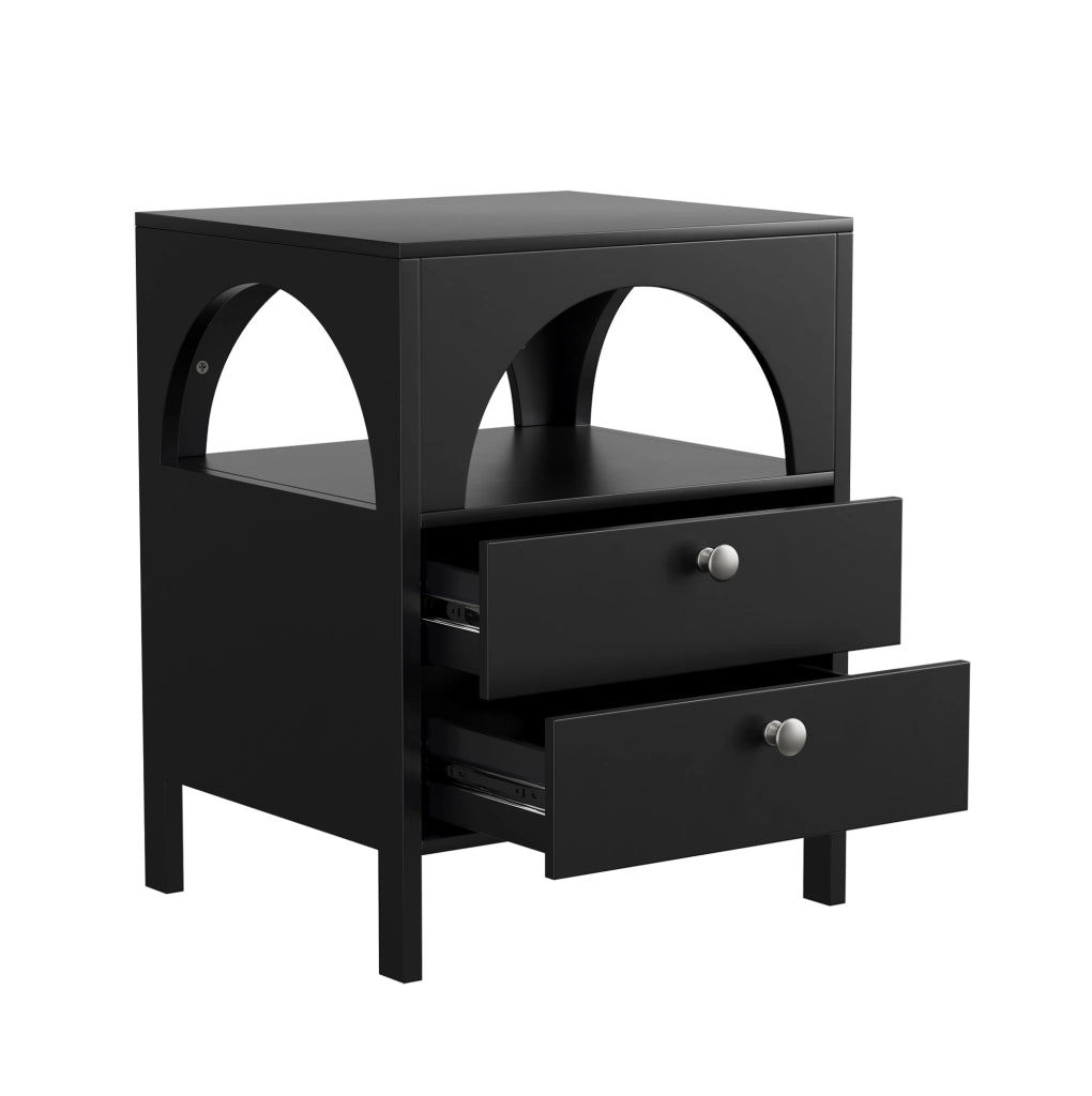 Comodino ULEVR nero in MDF con 2 cassetti e vano aperto, mobile contenitore per camera da letto