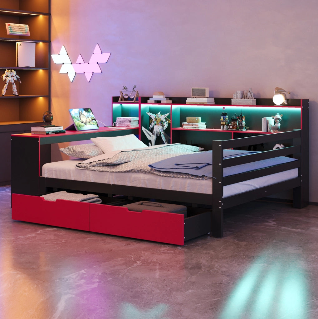 Letto matrimoniale multifunzione 140x200 cm in legno; con scrivania; LED e cassetti; nero e rosso