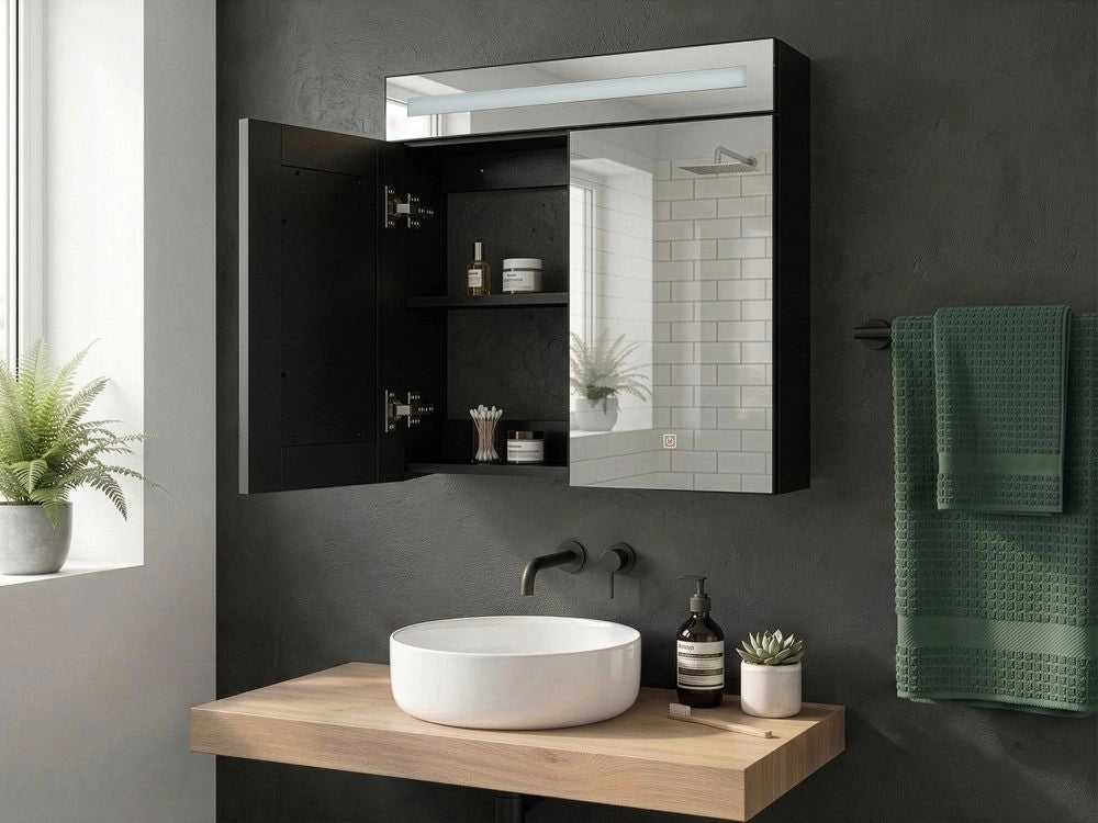 Specchiera da bagno in vetro nero e legno ingegnerizzato con LED 60 x 60 cm Design moderno