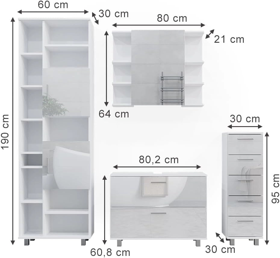 Set di mobili da bagno Ilias, Bianco lucido, 80.2 cm, composto da mobile lavabo, pensile a specchio, colonna e base media
