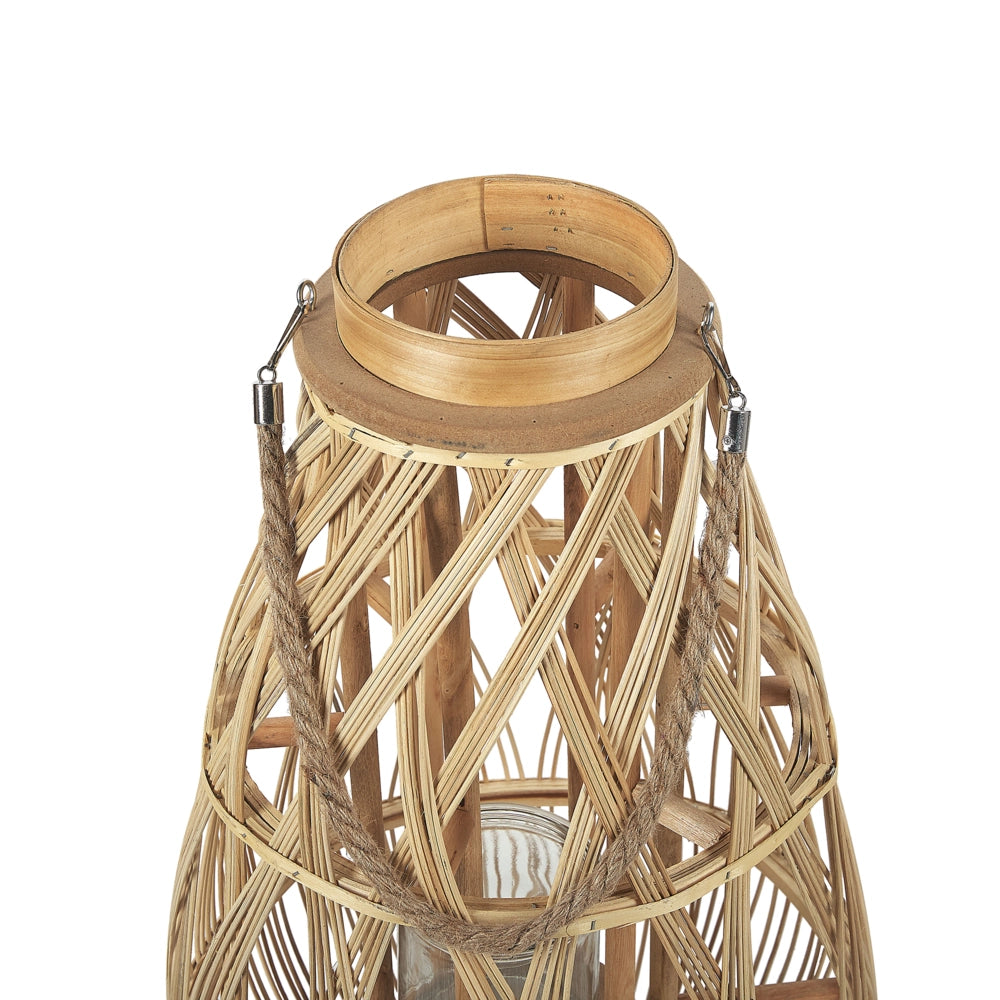 Lanterna leggera in legno di bambù e vetro 77 cm Portacandele intrecciato per interni ed esterni Boho scandinavo