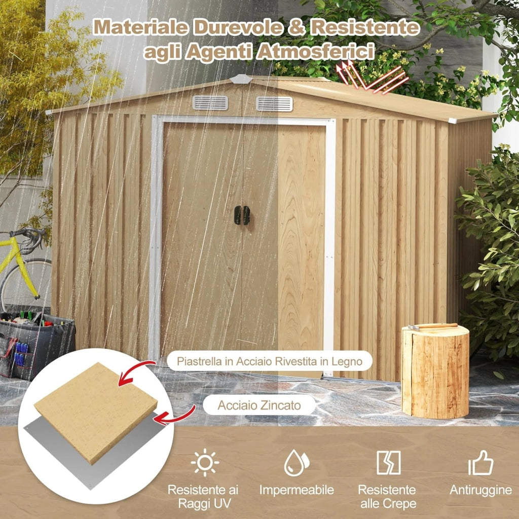 Casetta da Esterno 4,47㎡, Capanno Porta Attrezzi con Porte Scorrevoli, Maniglie, Sfoghi e Tettoia, Casetta da Giardino in Lamiera di Acciaio e Lamiera Zincata (259 x 196 x 184 cm)