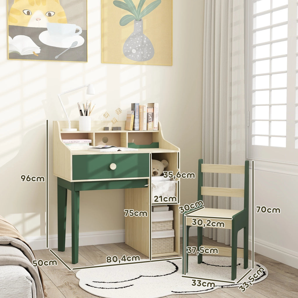 Scrivania per bambini con sedia, scaffale e cassetto ¨C ZephMum ¨C Verde 90x50x75 cm