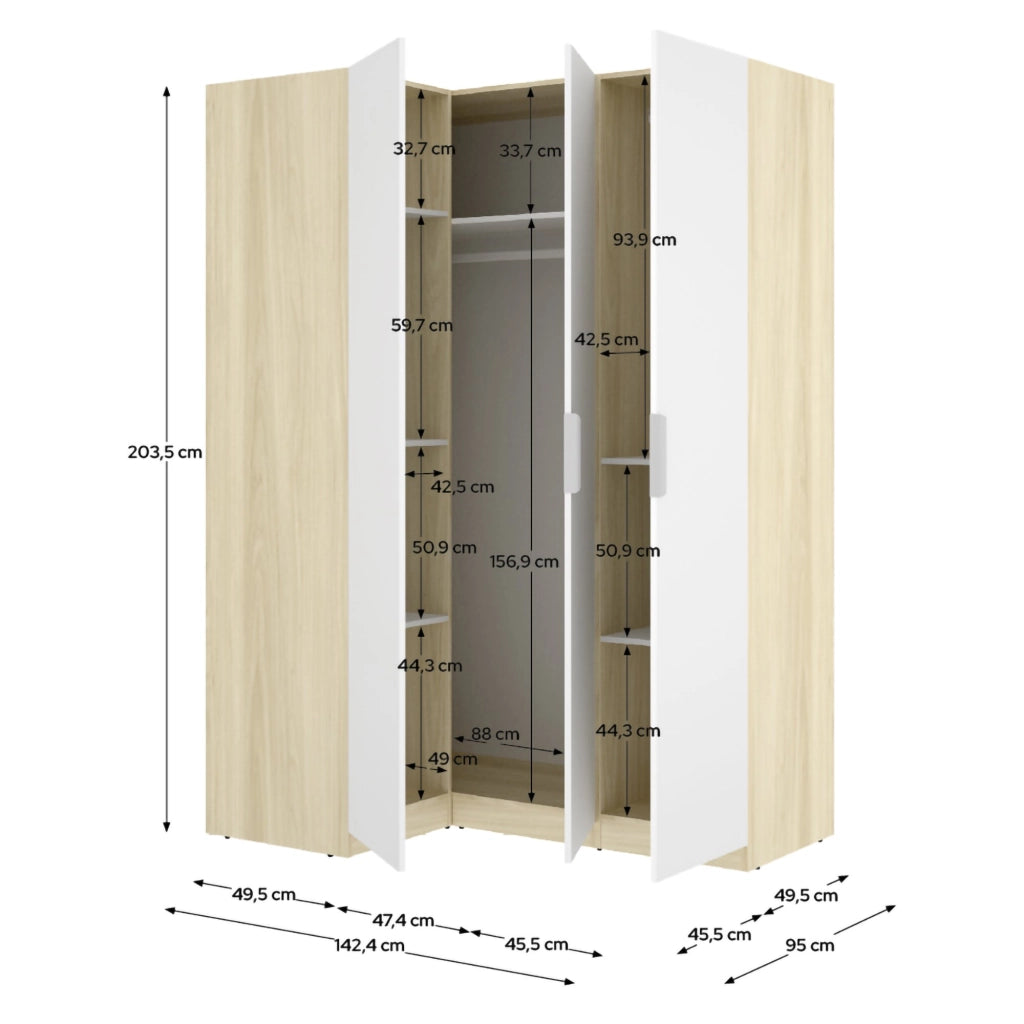Armadio Camera da Letto Reeves, Guardaroba 3 Ante Appendiabiti, 95x142 cm Bianco