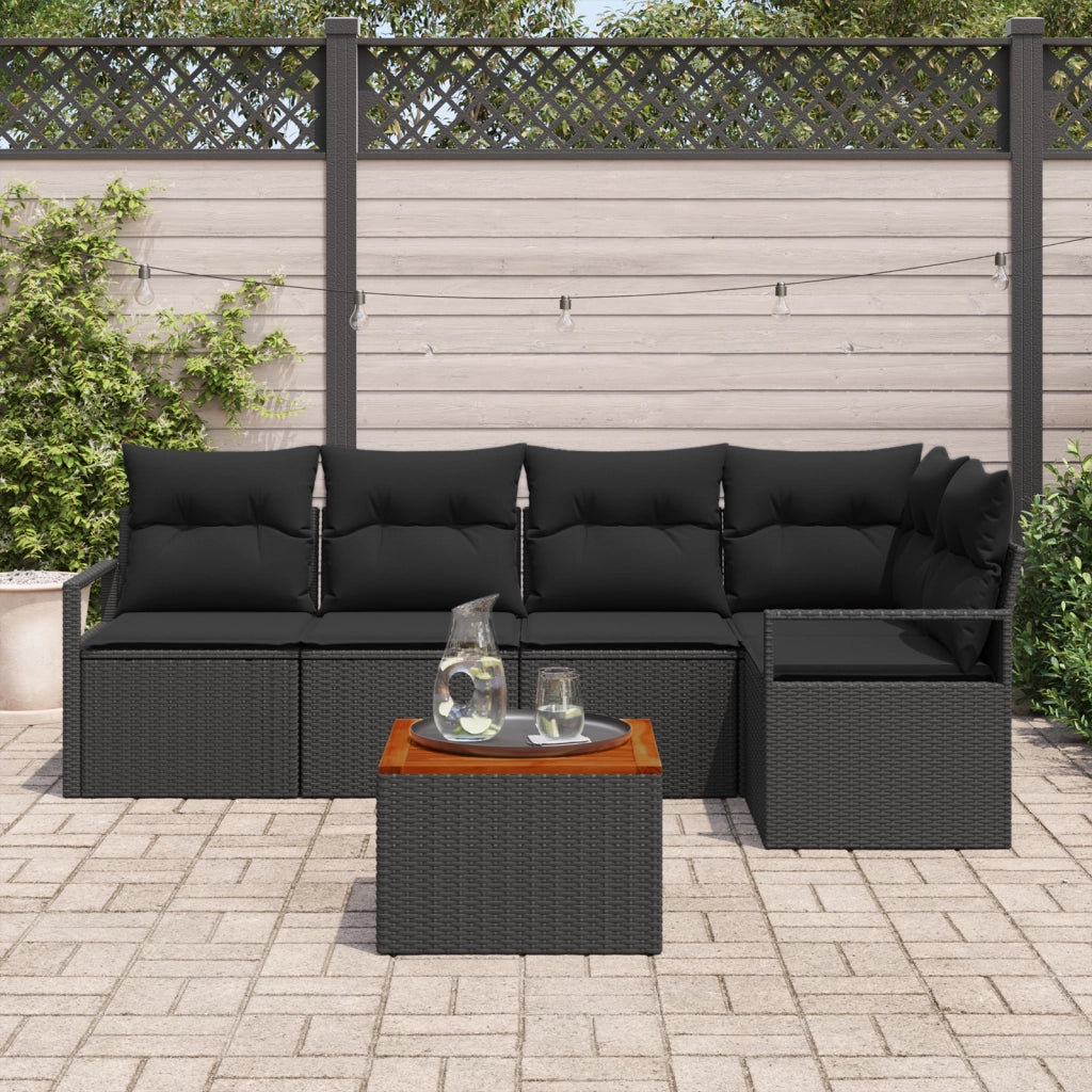 Set di SofÃ  da Giardino  a 6 Pezzi con Cuscini Nero Polyrattan Acacia