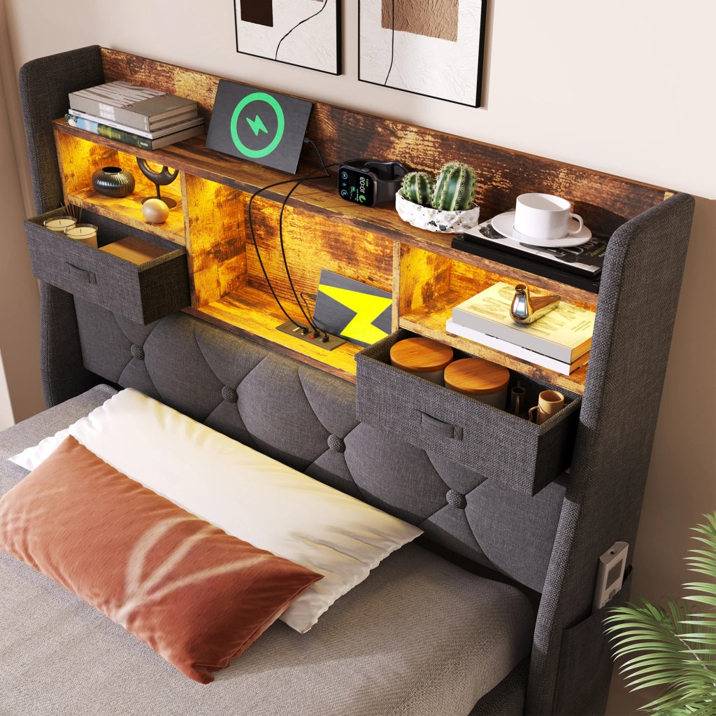 Letto imbottito 90x200 cm in lino grigio con contenitore idraulico; testiera LED e porte USB