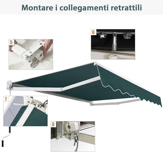 Tenda da Sole per Esterno Avvolgibile, Tenda da Sole a Bracci Estensibili con Telaio in Alluminio e Tettuccio Resistente al Sole e Impermeabile e Manovella (245 x 200 cm,Verde)