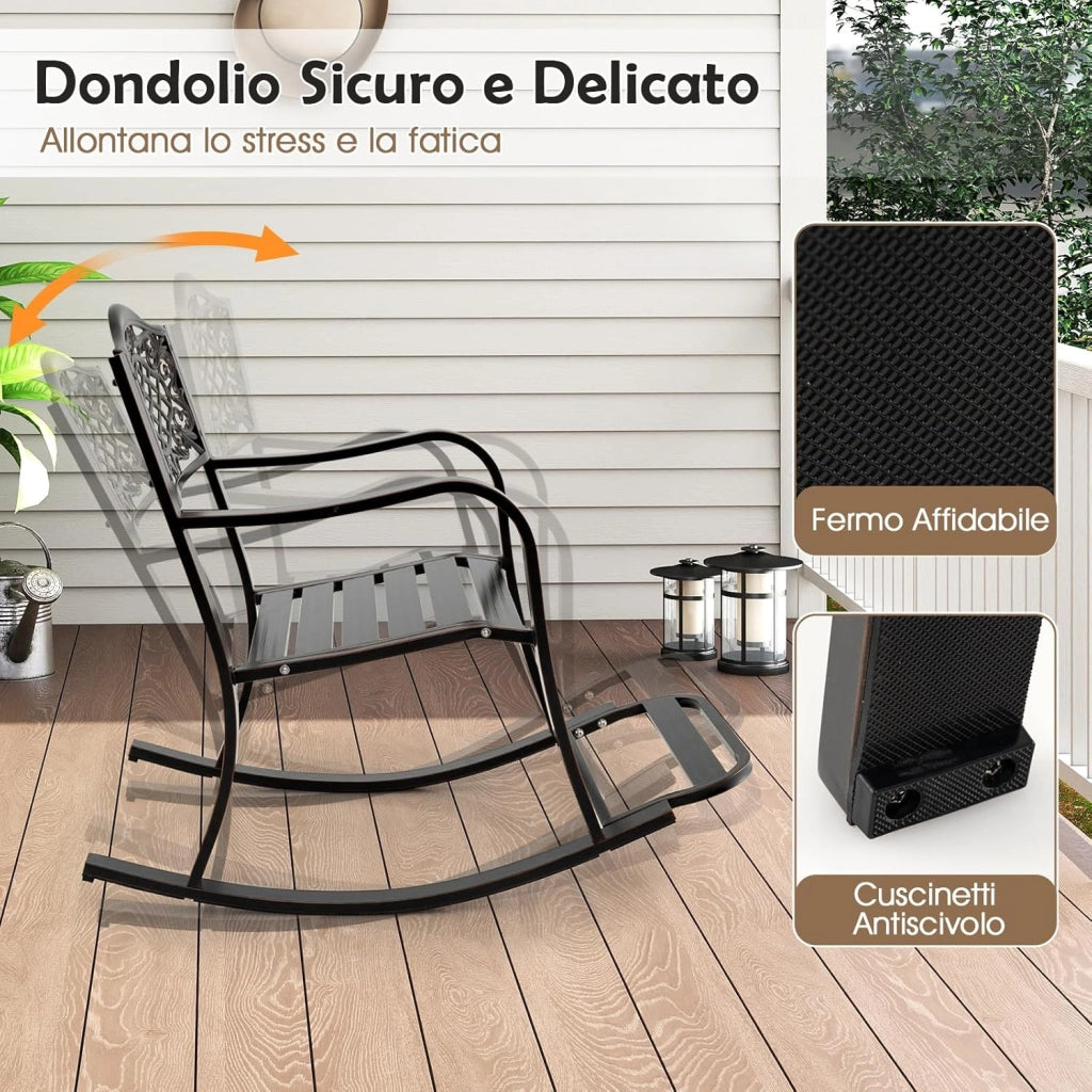 Sedia a Dondolo da Giardino Stile Rustico, Sedia da Esterno in Alluminio con Poggiapiedi, Schienale Decorativo e Braccioli, Dondolo per Giardino e Balcone, 102 x 62,5 x 89 cm, Marrone