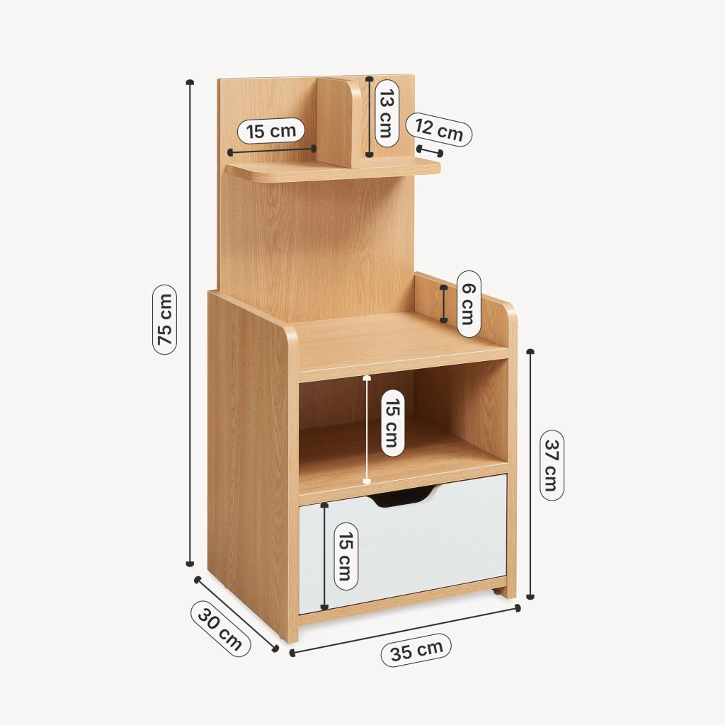 Comodino Bordkak con Cassetto Scomparto Aperto e 2 Ripiani 75 x 35 x 30 cm - Effetto Rovere / Bianco [en.casa]