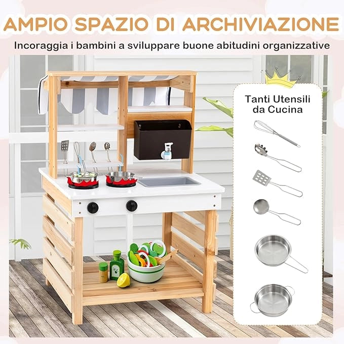 Cucina Giochi in Legno a Doppia Faccia, Cucina Giocattolo con Fornelli, Lavandino, Vaschetta per l'Acqua, Rubinetto, Set di Cucina per Esterni con Tetto, per Bambini dai 3+ Anni, 58 x 56 x 87