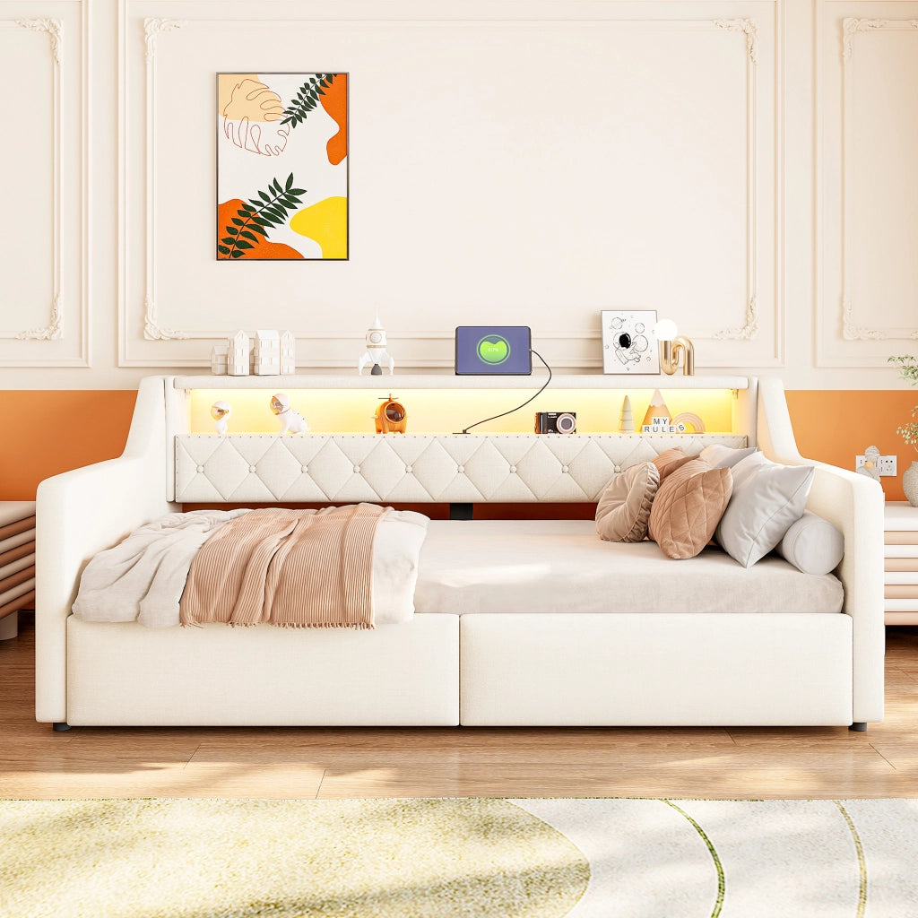 LETTO 90x200 cm con LED e contenitore idraulico, lino beige, USB e Tipo C