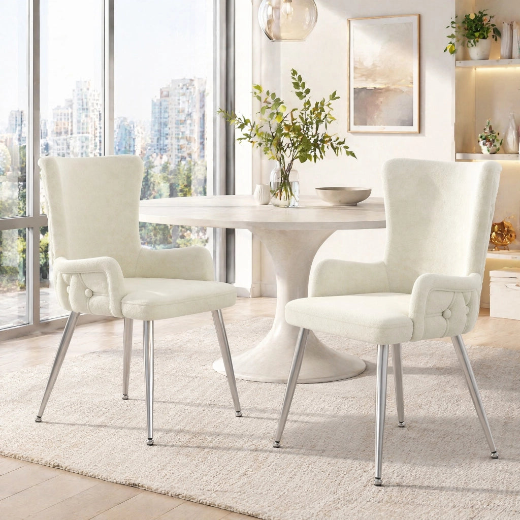 Set di 2 sedie da pranzo in velluto beige con gambe in metallo argento, stile moderno