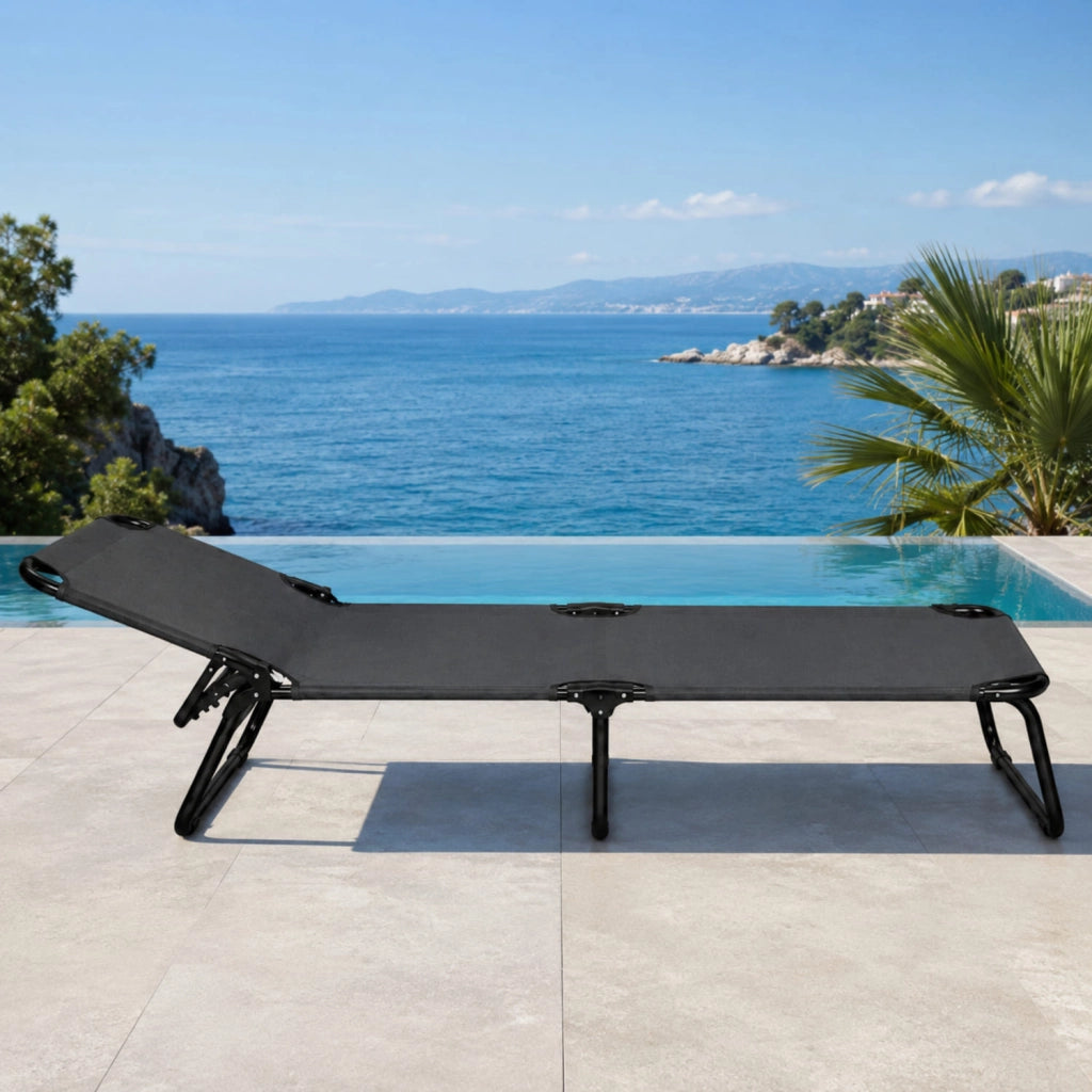 Lettino Pieghevole Prendisole Senza Tettuccio Parasole Schienale Reclinabile Regolabile Struttura In Metallo Nero Sedia Sdraio Per Spiaggia Mare Giardino Piscina 187 x 53 x 24 Cm Grigio Scuro