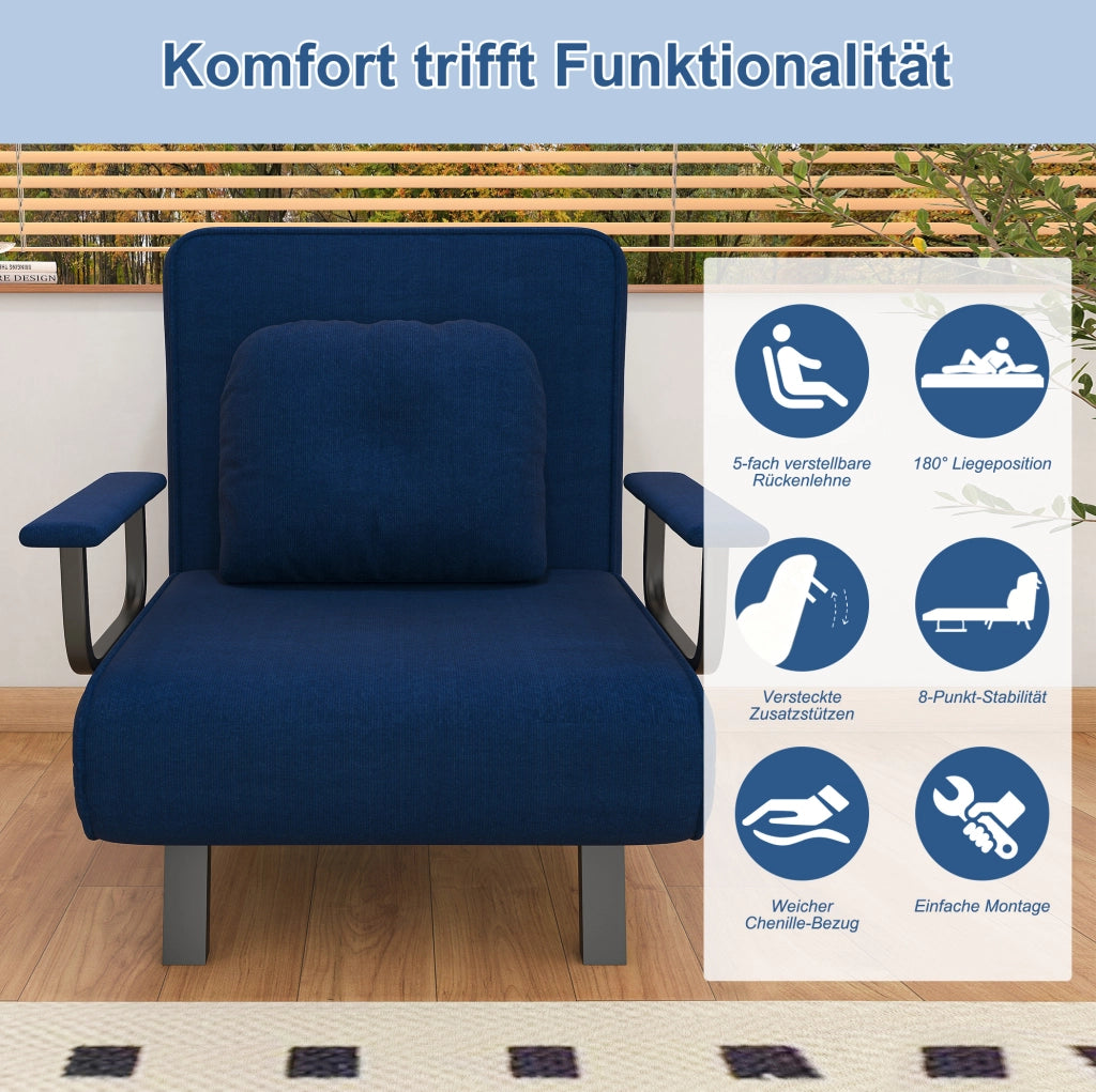 POLTRONA Relax 5 Posizioni 185x60 cm in Tessuto Chenille Blu