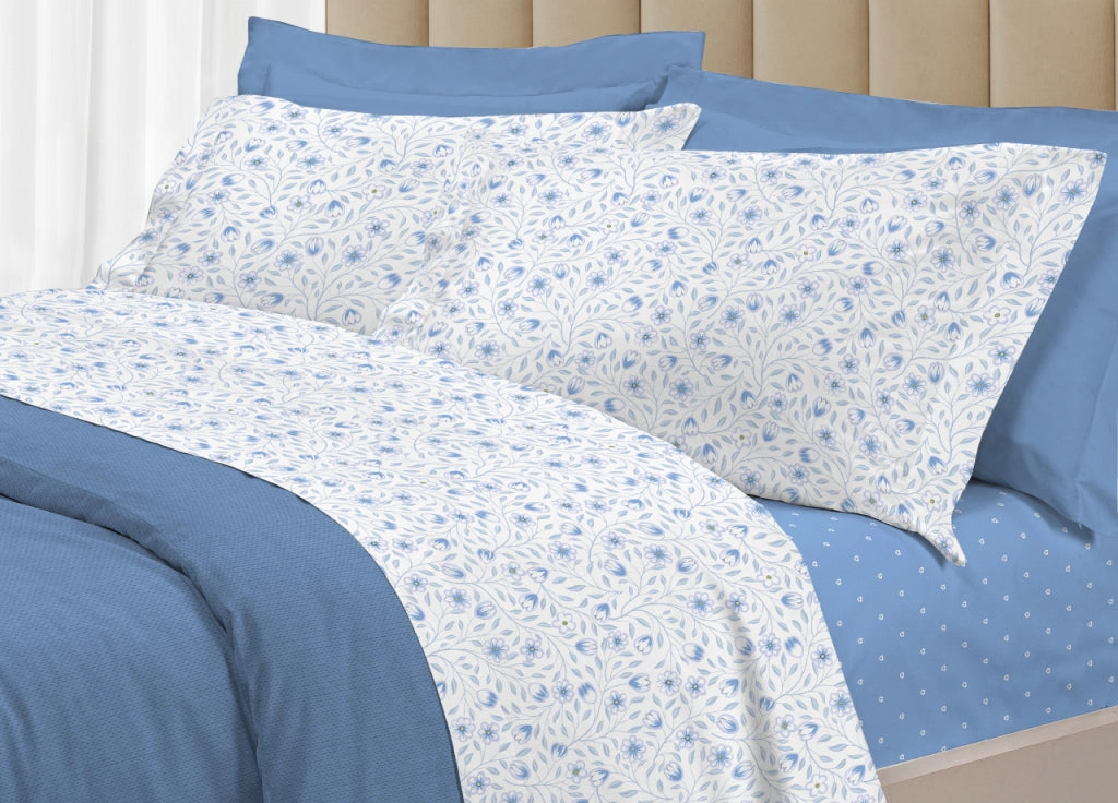 Completo Lenzuola Letto 100% Cotone Italy 3027 Disegno Melody - Piazza E Mezza - Azzurro