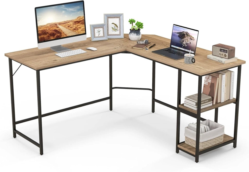 Scrivania Angolare, a Forma di L, Postazione da Lavoro, 3 Ripiani, Industriale, per Casa/Ufficio/Studio, Portata di 140 kg, 138x138x75 cm, Naturale/Marrone/Nero