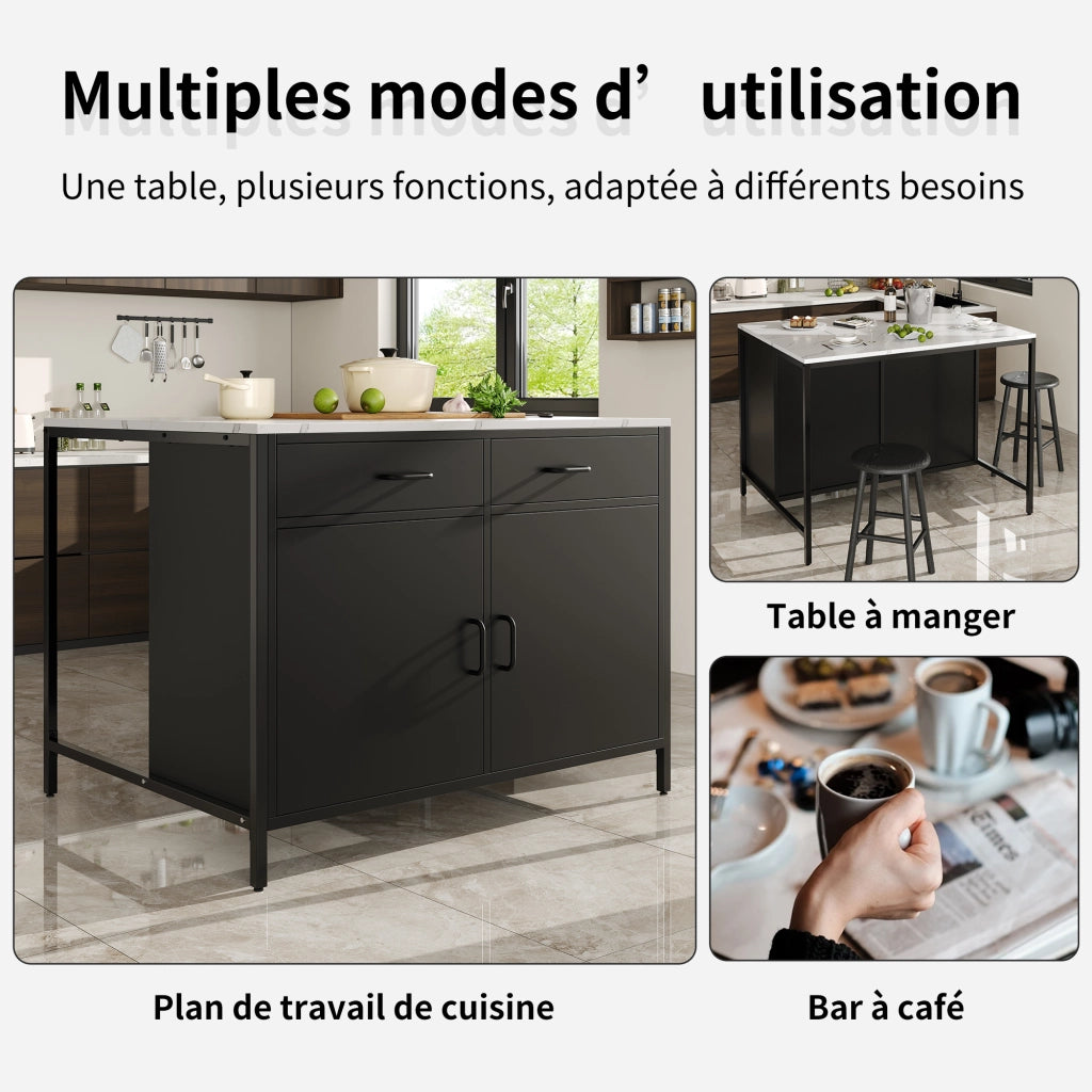 Tavolo Alto con 2 Cassetti e Ripiano Regolabile; in MDF; Nero; per Cucina e Sala da Pranzo; 100 x 90 x 90 cm