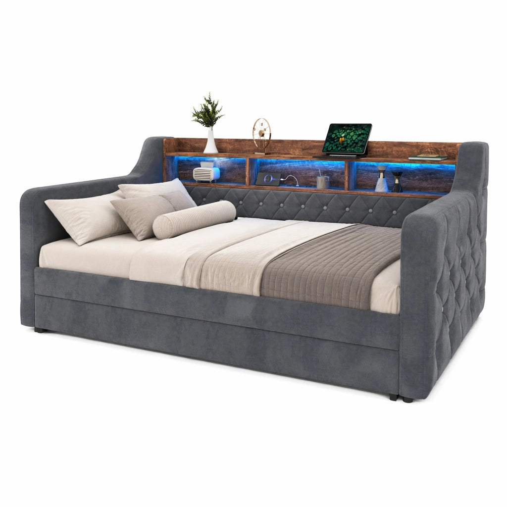 Divano letto estraibile 90x190 cm in velluto grigio scuro con luce regolabile e vano contenitore