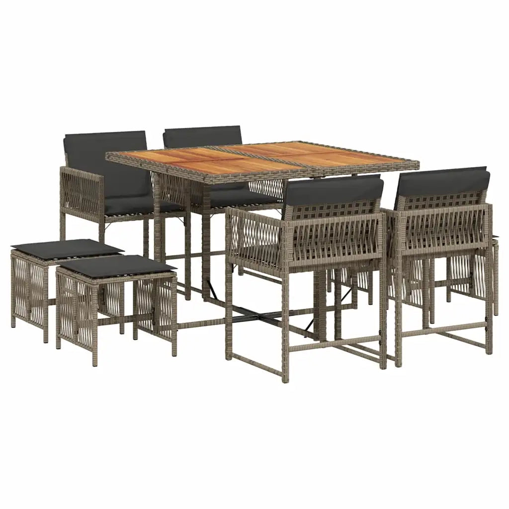 Set da Pranzo da Giardino 9 pz con Cuscini in Polyrattan Grigio