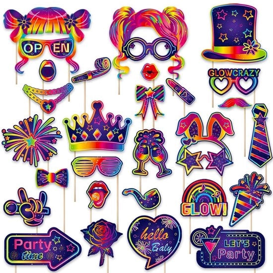 Accessori di illuminazione per festa - Decorazioni per party con effetto neon - Accessori per fotocamera - Rievocazioni anni 70/80/90 - 30 pezzi - Facili da montare - Fotorekwisiti