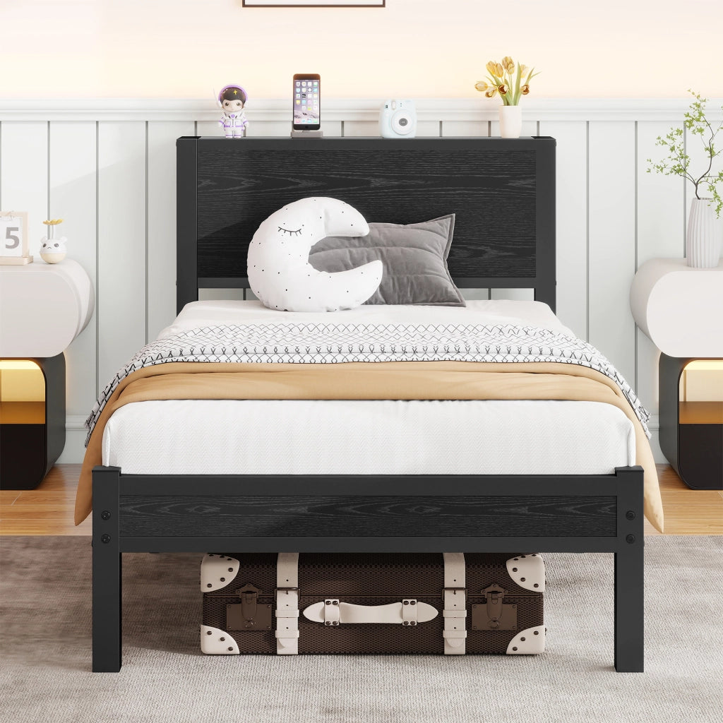 Letto singolo 90 × 200 cm con contenitore sottoletto, struttura in metallo e MDF, senza materasso, nero