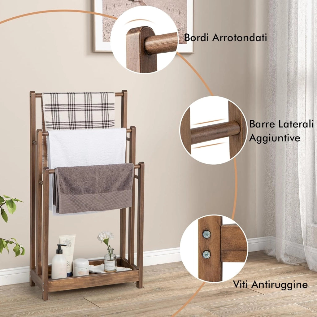 Portasciugamani in Legno da Terra, Porta Asciugamani a 3 Livelli con Mensola Inferiore, Dispositivo Anti-Ribaltamento, Supporto Leggero per Asciugamani da Bagno e Stanza Lavanderia (Marrone)