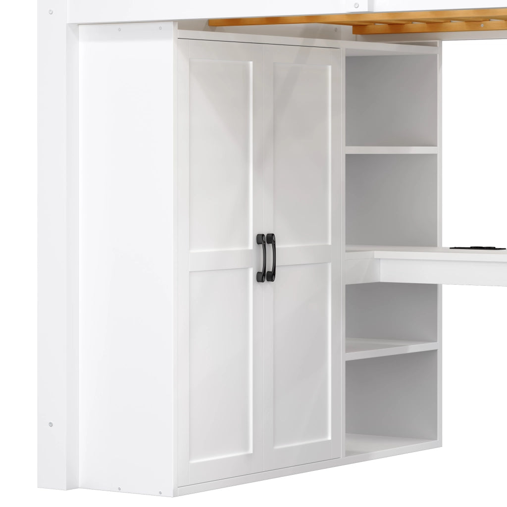 Letto a Soppalco 140x200 cm con Scrivania; Scaffali; Armadio; Scala e LED Bianco