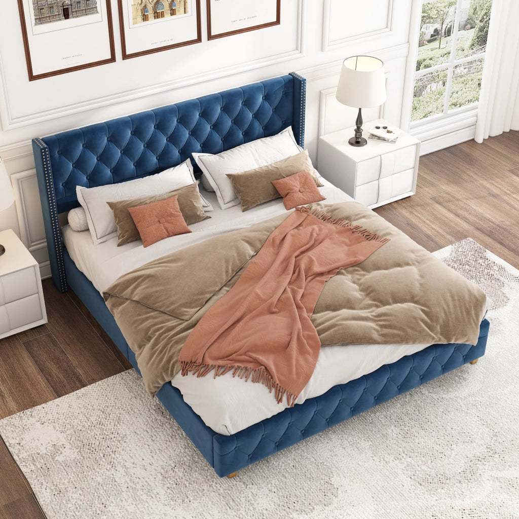 Letto Imbottito 160 × 200 cm; Matrimoniale con Testiera Trapuntata e Borchie; senza Materasso; Velluto Blu