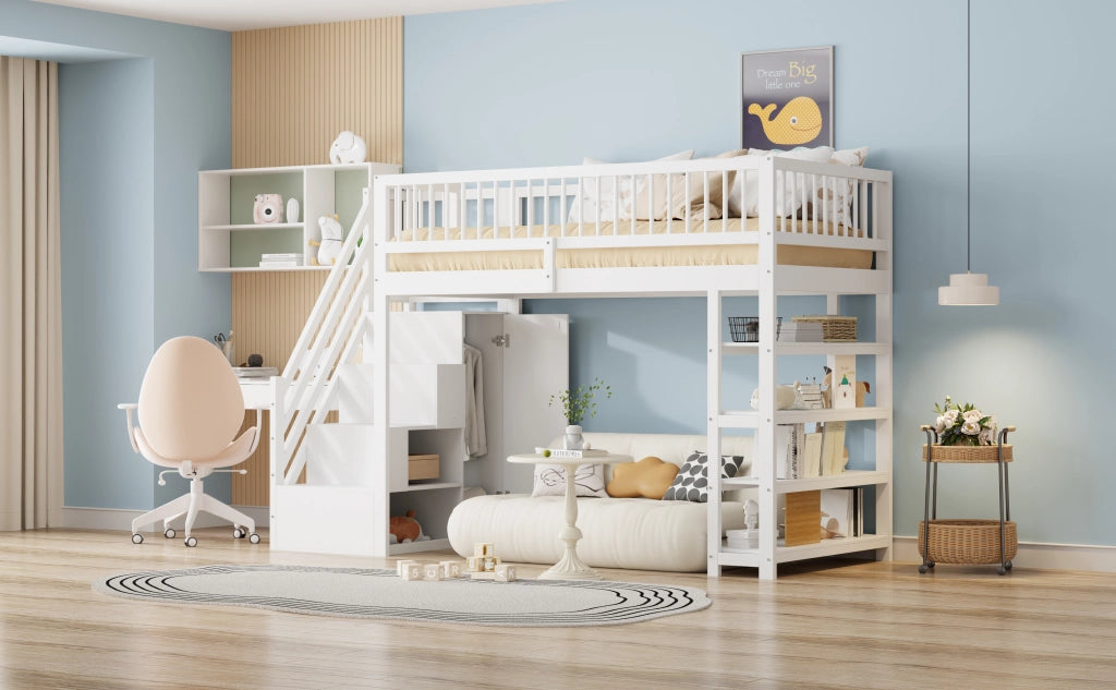 LETTO A CASTELLO multifunzionale 90 x 200 cm bianco con armadio e ripiani