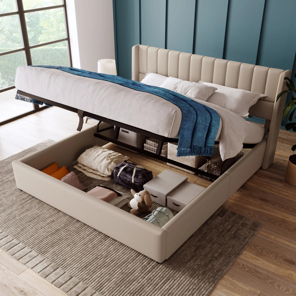 Letti contenitori 160x200 cm; idraulico; lino; beige (Senza materasso)
