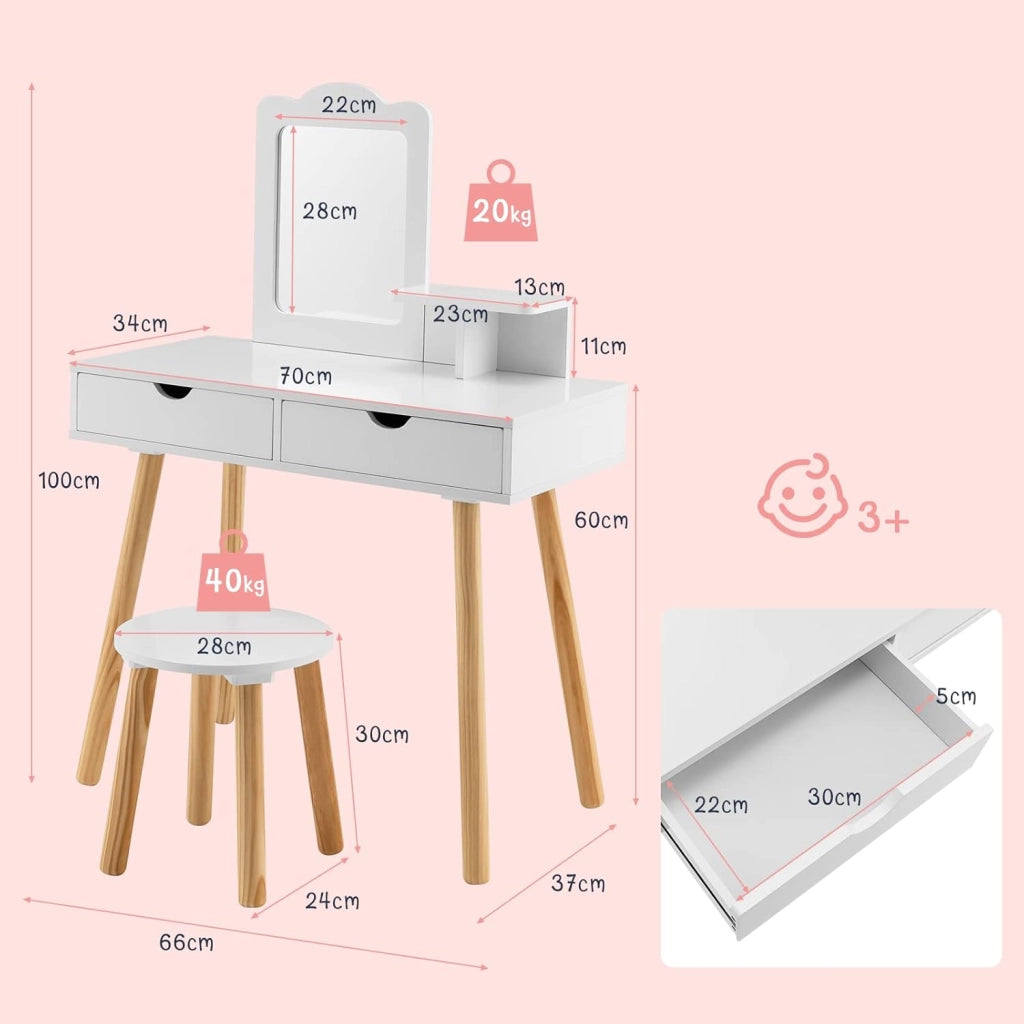 2 in 1 Set Toeletta per Bambini, Postazione Trucco in Legno con Sgabello, Specchio Rettangolare Staccabile e 2 Cassetti Capienti, Ideale per Bambini dai 3 ai 7 Anni, 70 x 37 x 100 cm